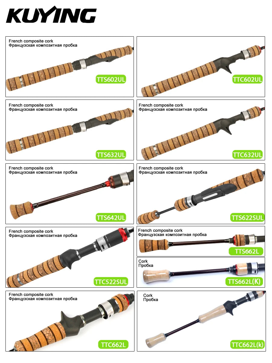 KUYING TETON  5'2" 6' 6'3" 6'4"6'2" 6'6"  Cane Spinning Rod &  Casting FUJI Carbon 1-4g 0.8-3g 2-10g M-Fast bfs