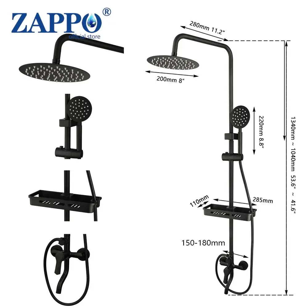 ZAPPO Matte Black Bathroom Shower Set 8 inch Rainfall , Wall Mounted 3-4 Function System & ABS Shelf