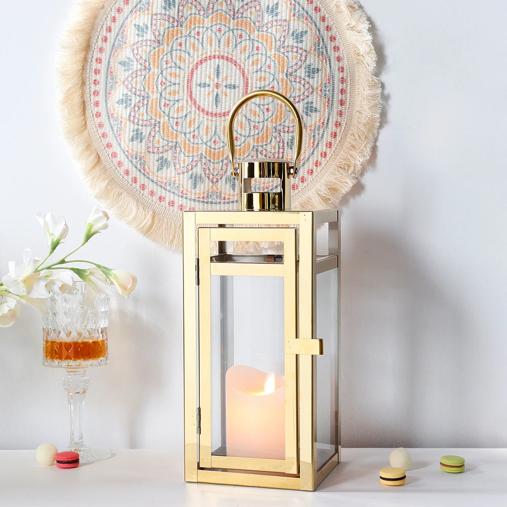 Stainless Steel Candle Holder Lantern
Gold Hanging  Metal Candlestick Light 
for Indoor -  Outdoor ,  Weddings, Parties, Home Decor
