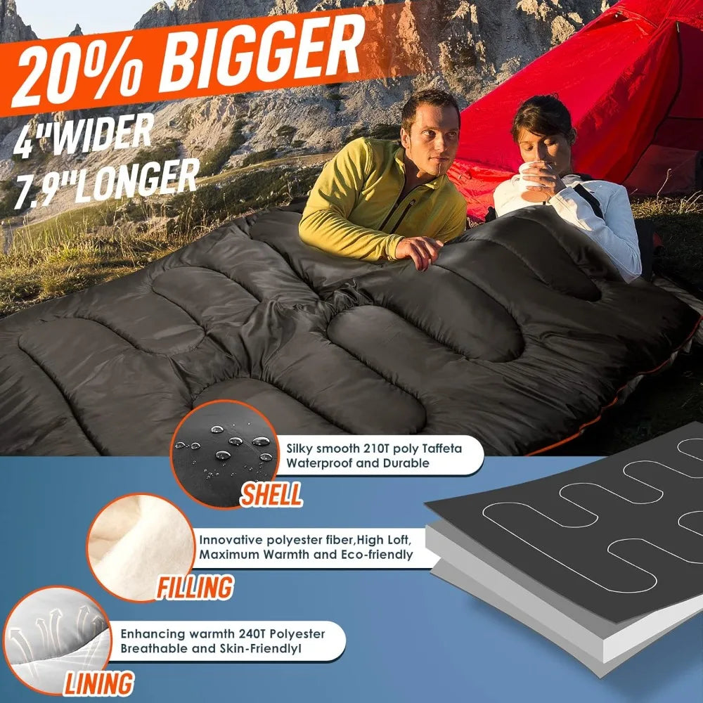 Two-Person XL Queen Size Sleeping Bag for Adults with Pillow, 
All-Season Camping Hiking Backpacking