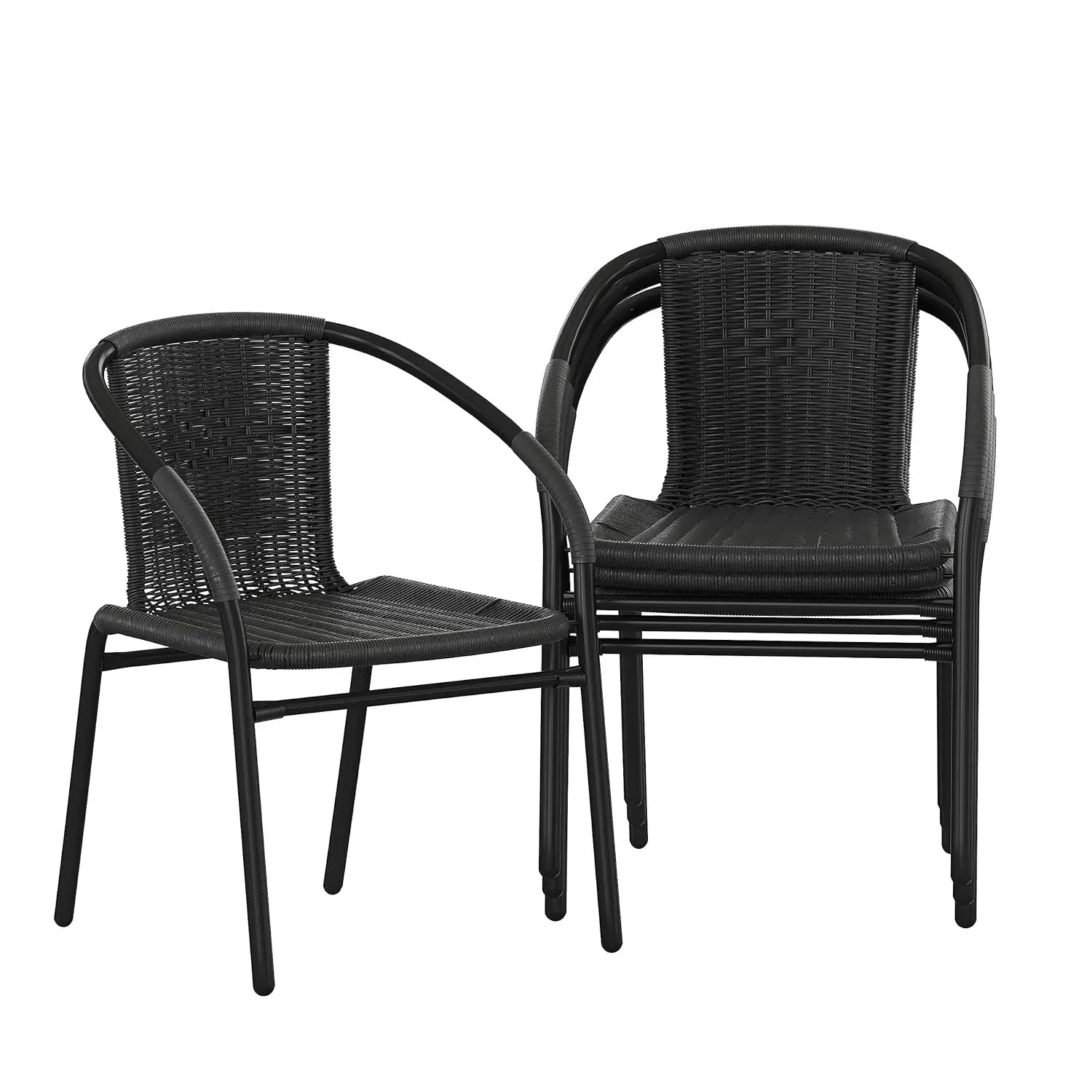 Set of 4 Stackable Rattan Chairs .
  Indoor / Outdoor Patio Curved Back, 
 Cross Bracing Black,