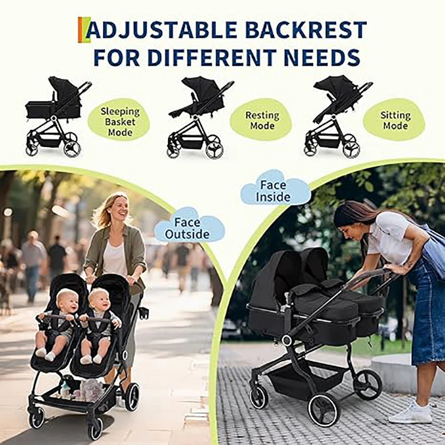 Double Stroller for Newborn and Toddler, 
 with Lightweight Compact Fold, Adjustable Cancline