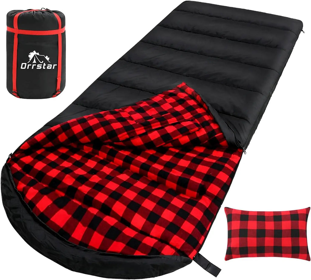 Extra Large Flannel Sleeping Bag for Adults, 0 Degree Cold Weather Camping with Pillow