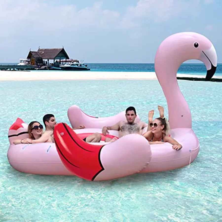 Giant Flamingo Pool Float,,  for 4-6 People . 
Inflatable Raft with Air Pump and 6 Cup Holders 
Pink Floating Island Toy for Adults