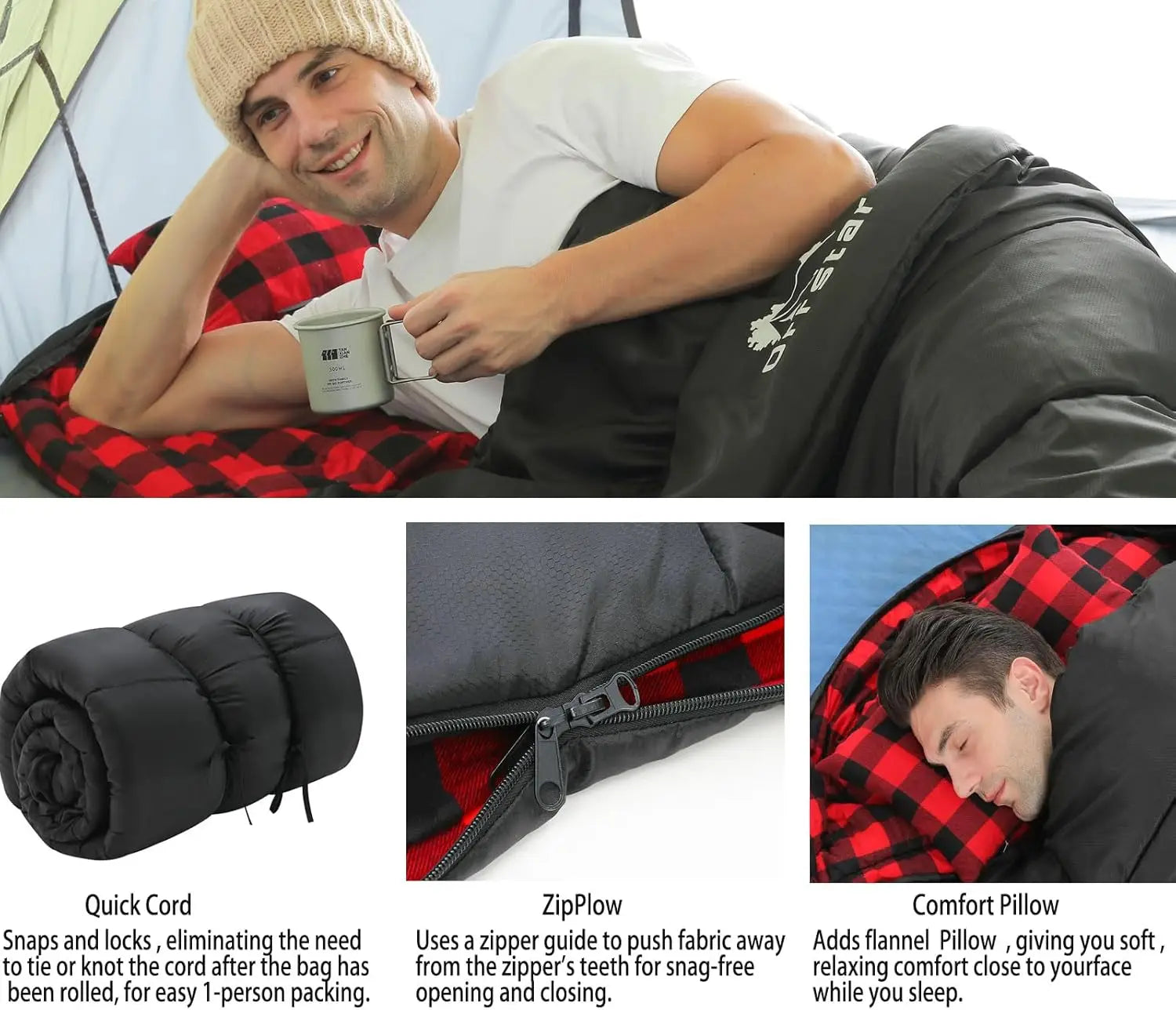Extra Large Flannel Sleeping Bag for Adults, 0 Degree Cold Weather Camping with Pillow