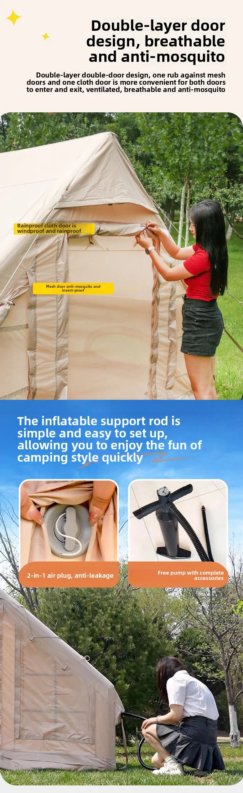 Inflatable tent camping for 1-6 people, hand pump inflation large tent, with skylight and chimney waterproof oxford cloth all