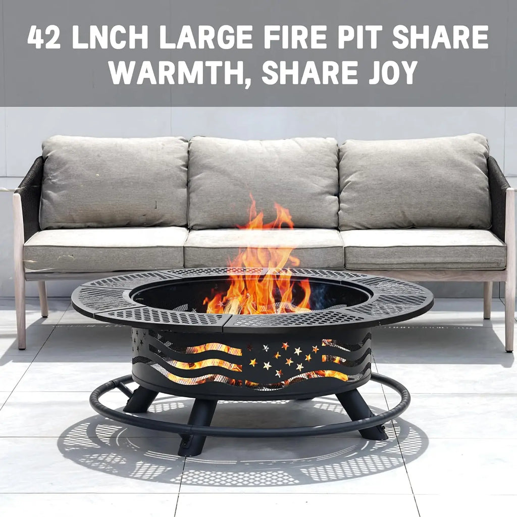 42 Inch Fire Pit with 2 Cooking Grate, Outdoor Wood Burning BBQ Grill Firepit Bowl with Cover Lid, Steel Round Table