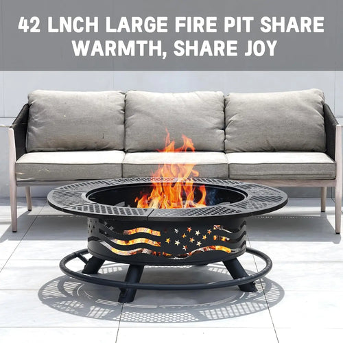 42 Inch Fire Pit with 2 Cooking Grate, Outdoor Wood Burning BBQ Grill Firepit Bowl with Cover Lid, Steel Round Table