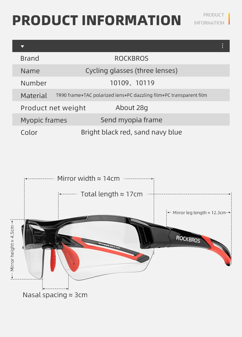 ROCKBROS 3 Lens Bicycle Glasses Adjustable Polarized Bicycle Sunglasses Eyewear Men Women Sports MTB Road Cycling Glasses