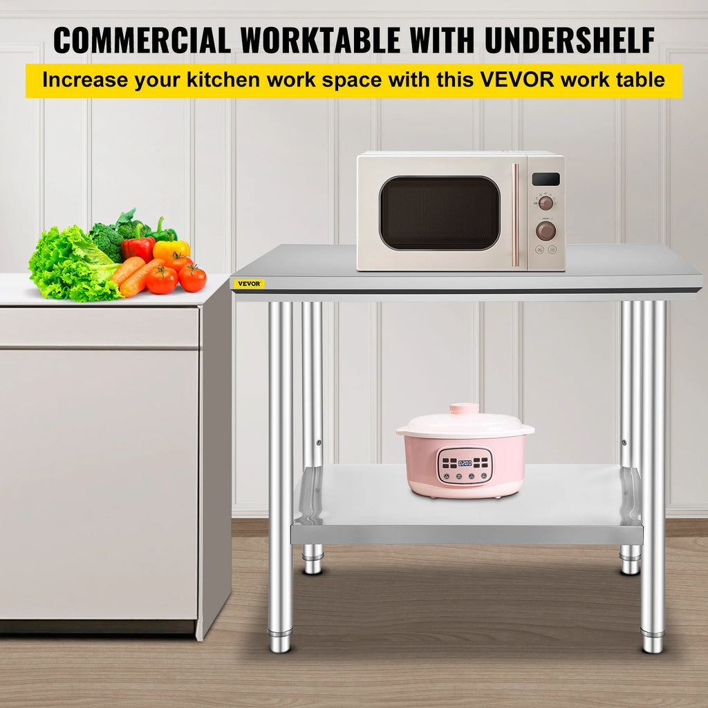 VEVOR Kitchen Work Bench.
Commercial Catering Table with Undershelf Stainless Steel 330LBS 286LBS for Restaurant Garage