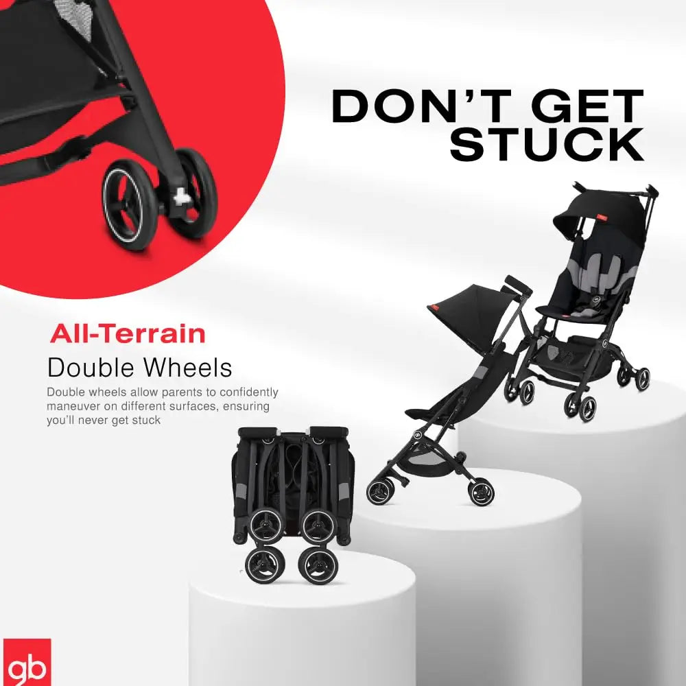 All-Terrain, Ultra Compact Lightweight Travel Stroller with Canopy and Reclining Seat in Velvet Black