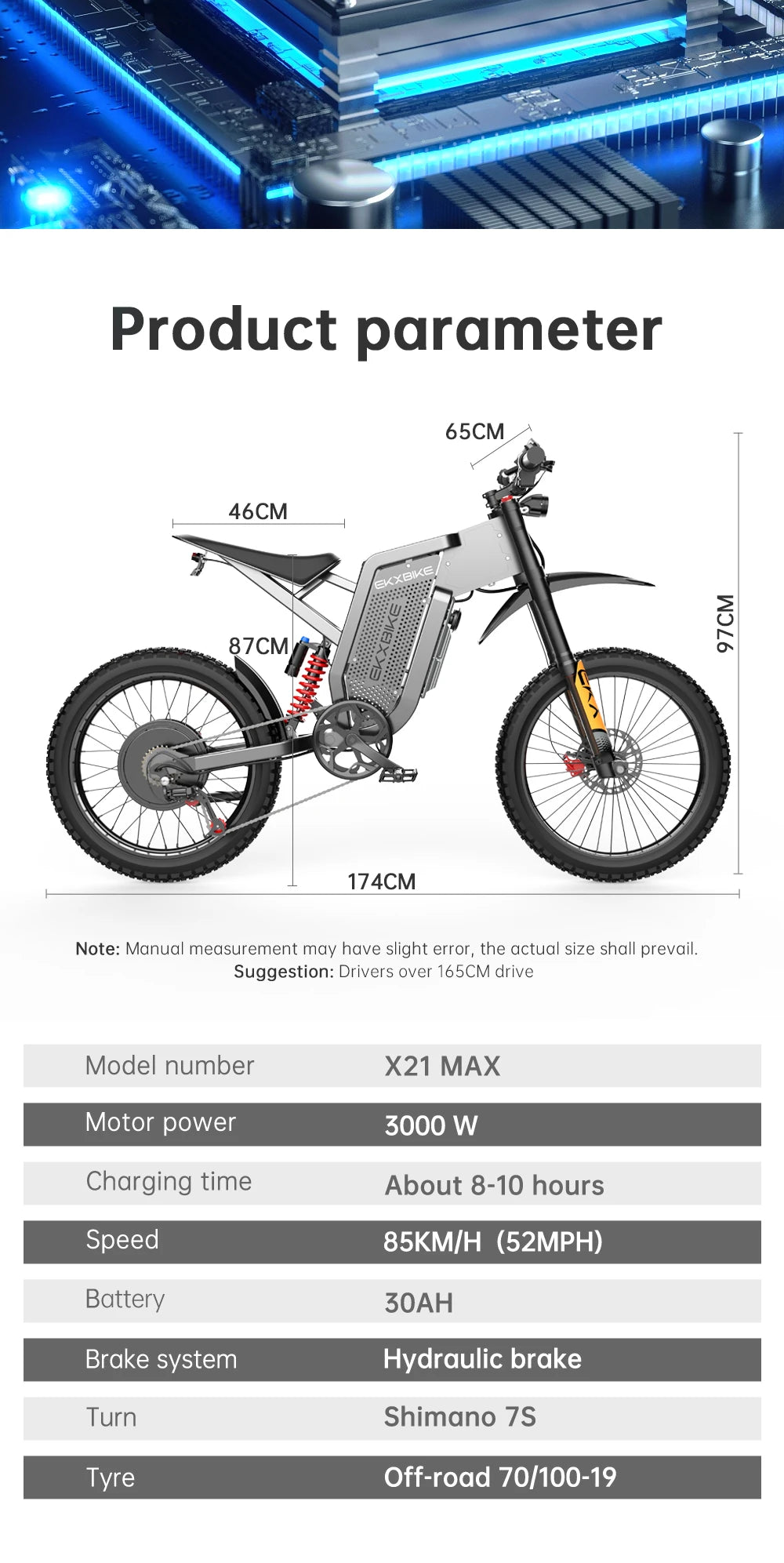 EKX X21 Max Electric cycle
3000W Brushless Gearless Motors
 60V30AH Lithium Battery Speed 85Kmh Adult Off Road Ebike