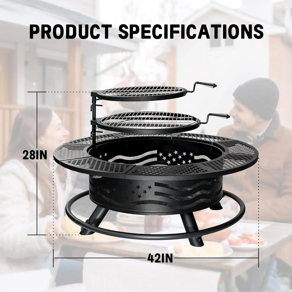 42 Inch Fire Pit with 2 Cooking Grate, Outdoor Wood Burning BBQ Grill Firepit Bowl with Cover Lid, Steel Round Table