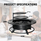 42 Inch Fire Pit with 2 Cooking Grate, Outdoor Wood Burning BBQ Grill Firepit Bowl with Cover Lid, Steel Round Table