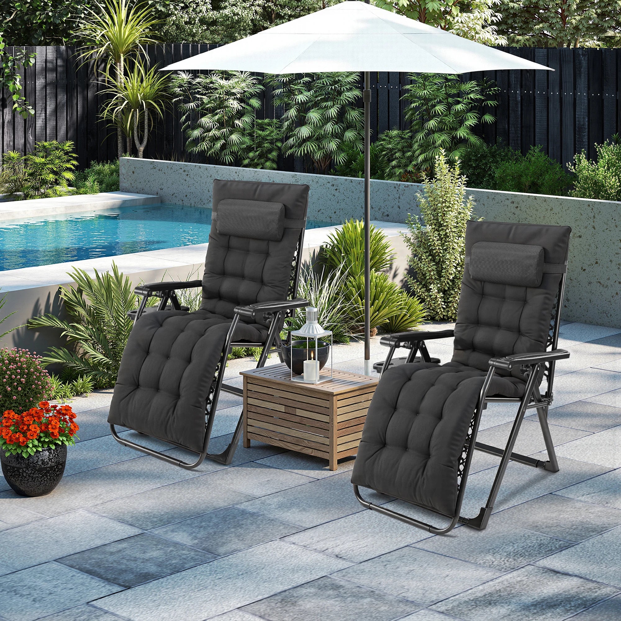 Zero Gravity Set of 2 Portable Recliners
Camping ,Patio , Outdoor Garden Lounge Chair with Cup Holder ,Trays & Adjustable Pillow
