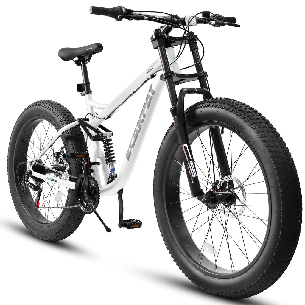 26 inch Mountain Bike, Full-Suspension 21 Speeds Drivetrain with Disc-Brake MTB Bicycle, 4" Fat tire Bike for Men or Women.