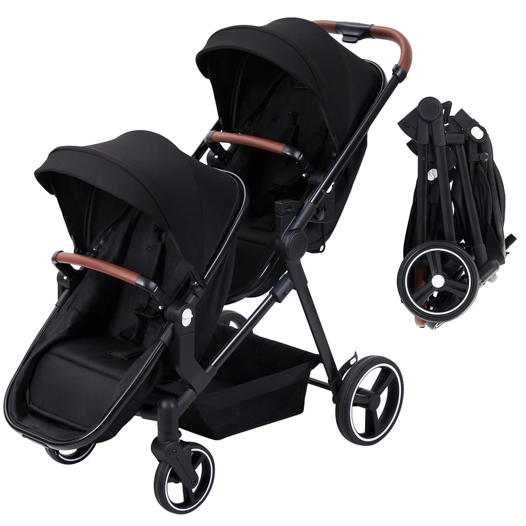 Double Stroller Track 
Tandem Stroller for Infant and Toddler,
 Foldable Pushchair Bassinet Pram, Multi-Position Reversible