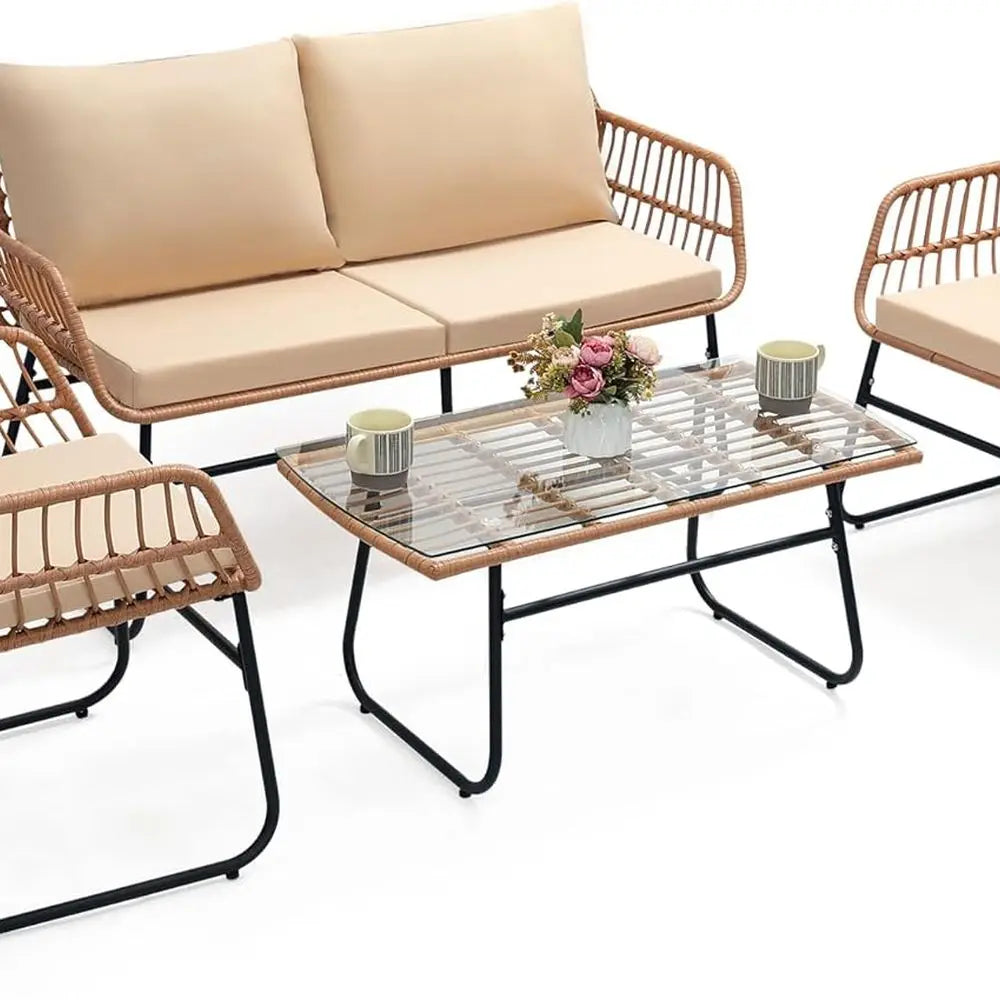 4 Piece Patio Bistro Outdoor Furniture Set,   
Wicker Sofa,  2 Rattan Chairs, and Table, Backyard Conversation Set, All Weather