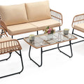 4 Piece Patio Bistro Outdoor Furniture Set,   
Wicker Sofa,  2 Rattan Chairs, and Table, Backyard Conversation Set, All Weather