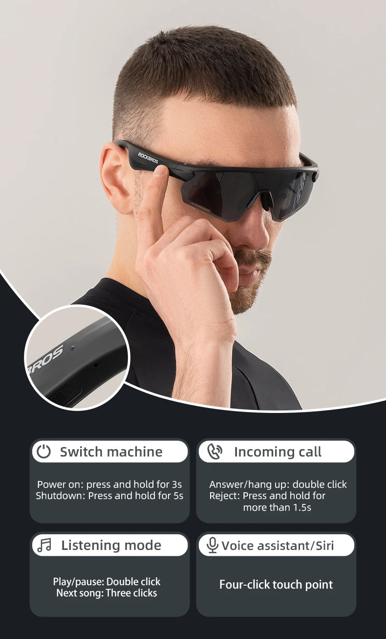 ROCKBROS Cycling Glasses Wireless Bluetooth 5.2 Polarized Sunglasses Headset Telephone Driving MP3 Riding Eyewear UV400 Goggles