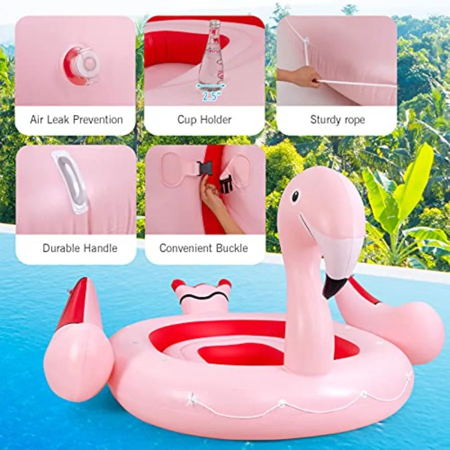 Giant Flamingo Pool Float,,  for 4-6 People . 
Inflatable Raft with Air Pump and 6 Cup Holders 
Pink Floating Island Toy for Adults