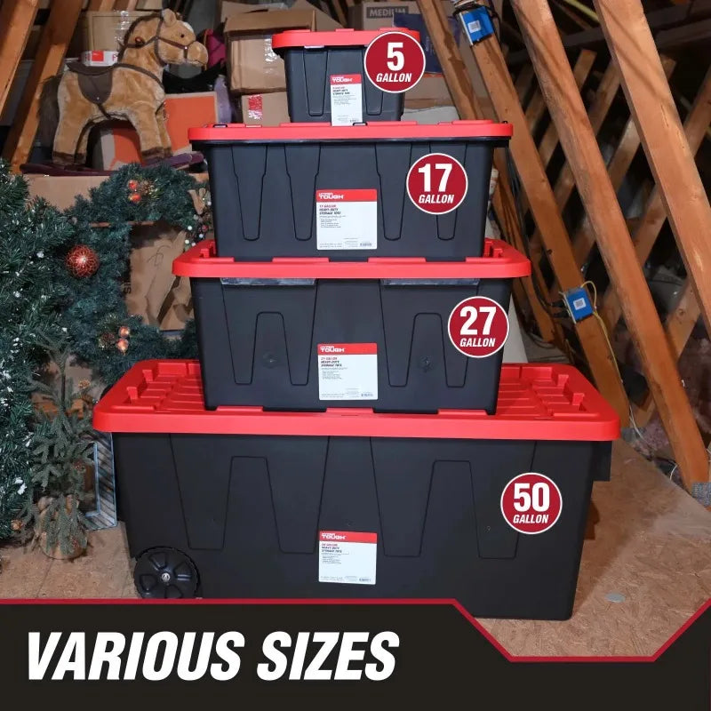 (6 pack/ 4pack) Hyper Tough Large Storage Bin, 27 Gallon Plastic Storage Container with Snap-On Lid, Black and Red