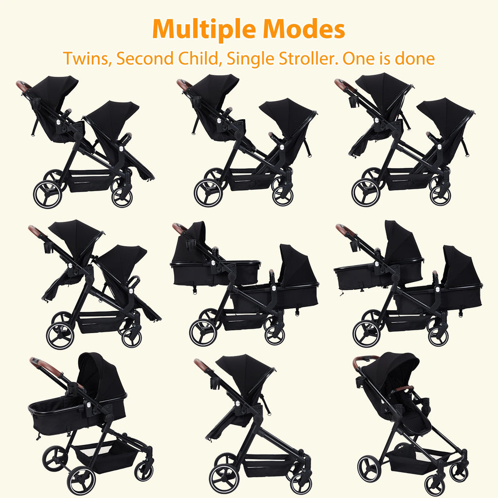 Double Stroller Track 
Tandem Stroller for Infant and Toddler,
 Foldable Pushchair Bassinet Pram, Multi-Position Reversible
