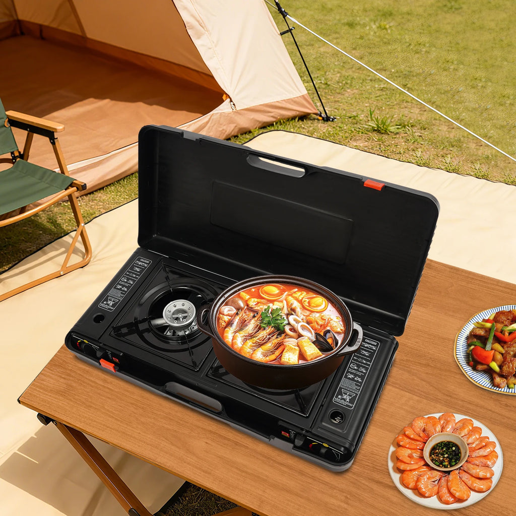 2 Burners-- Portable Camping Stove,     2.5KW Auto Ignition
Butane/LPG Gas  w/Baking Tray+Carrying Case for RV Outdoor Picnic BBQ