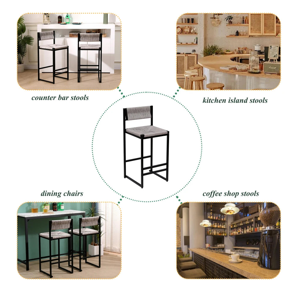 Gray Set of 2 Hand Weave Bar Stools with Back
Counter Height Bar. Paper Rope Woven for Kitchen Home & Office