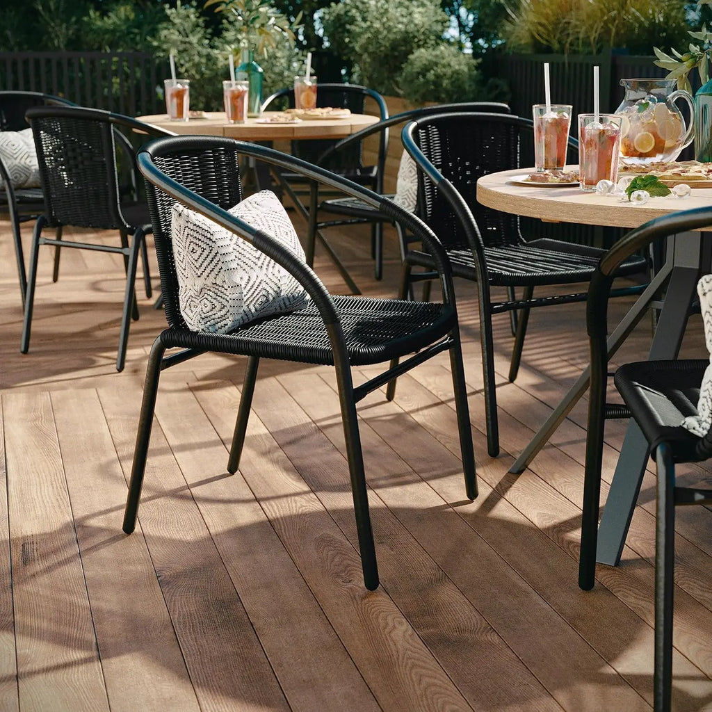 Set of 4 Stackable Rattan Chairs .
  Indoor / Outdoor Patio Curved Back, 
 Cross Bracing Black,
