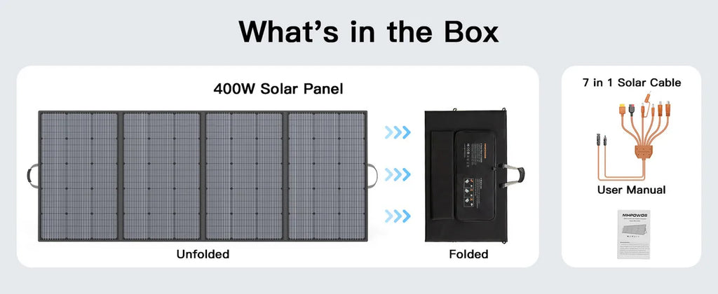 MHPOWOS 400W Portable Solar Panel, 
Lightweight Foldable Solar Panels with an Adjustable Kickstand, 
IP67 Waterproof Solar Charger