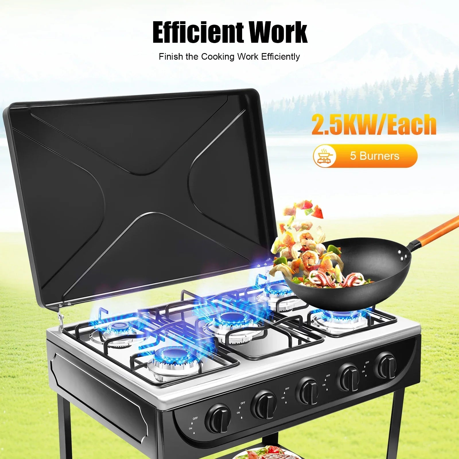 5-Burner Gas Stove 
Outdoor Camping Cooking BBQ Grill With 2-Tier Storage Rack