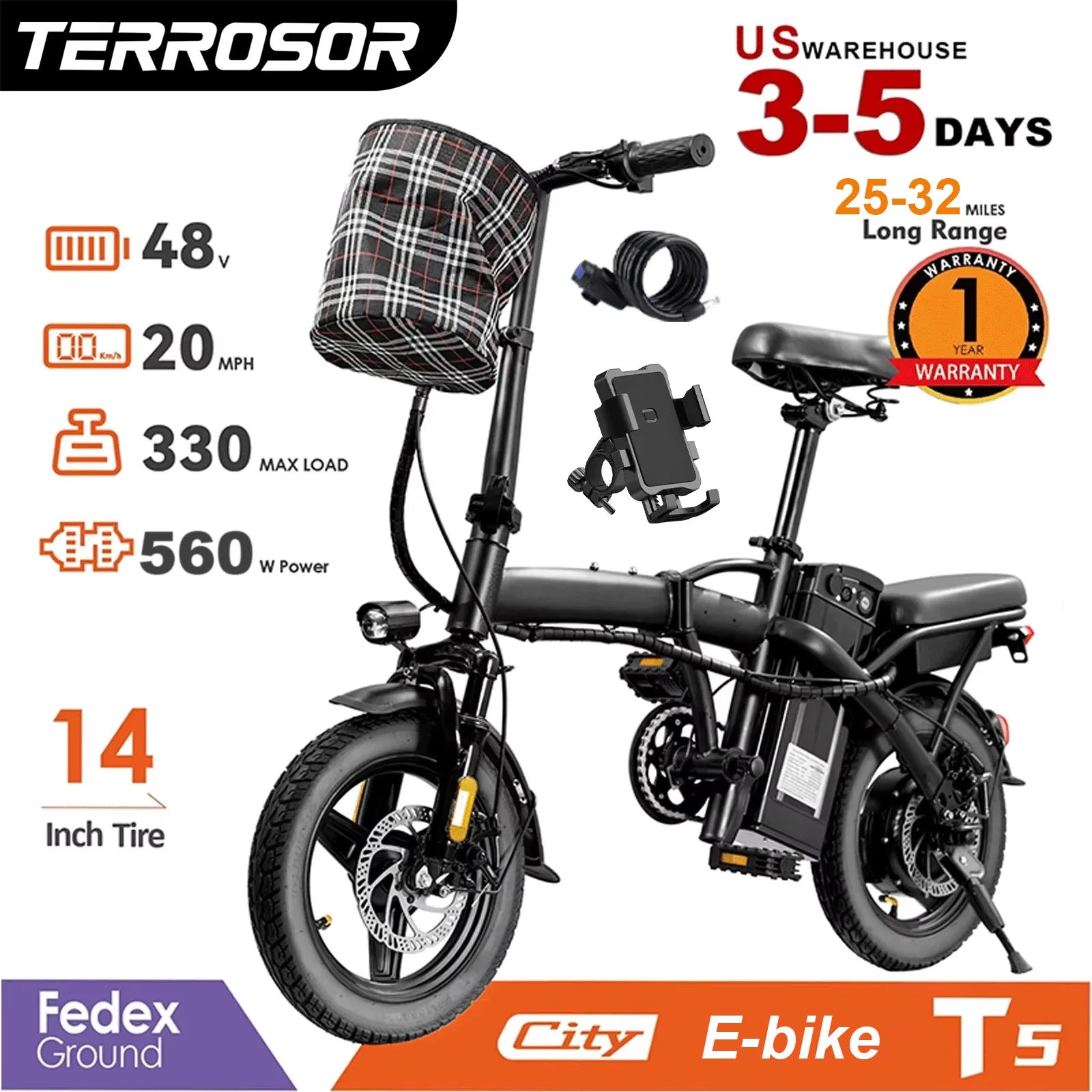 Adult Electric Bike, 20 MPH,    560W Motor,48V Removable Battery,
14inch Folding Maximum 32 Miles,1Year Warranty Ebike
