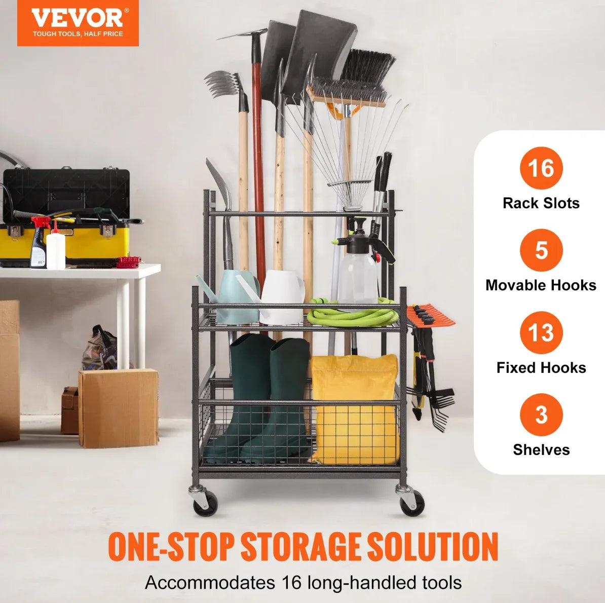 VEVOR Garden Tool Organizer, 16 Slots, Hooks, Tower Rack, Wheels, Garage, Long-Handled Tools, Rake, Broom, Metal Stand