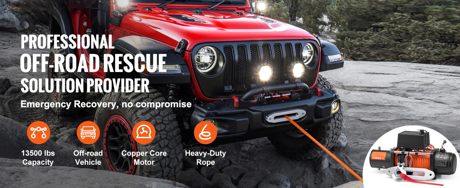 SucceBuy 13500lbs Electric Winch 
Car, Truck  with 80ft Synthetic Rope 
Wireless & Wired Remote Control for Towing Off-Road