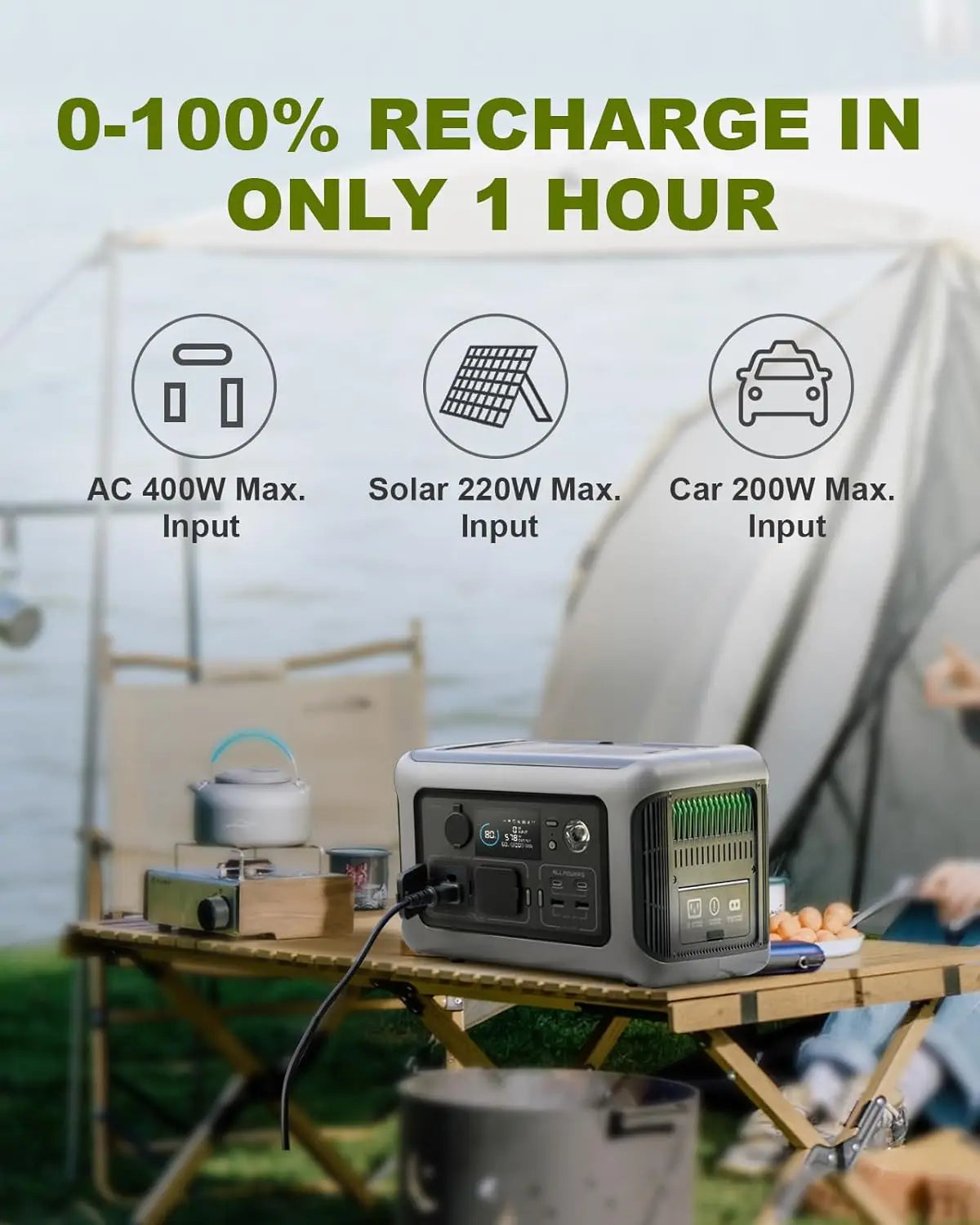 ALLPOWERS Portable  R600, 
299Wh LiFeP04 Battery with 2x 600W (1200W Surge)
 AC Outlets for Outdoor Camping RV Home