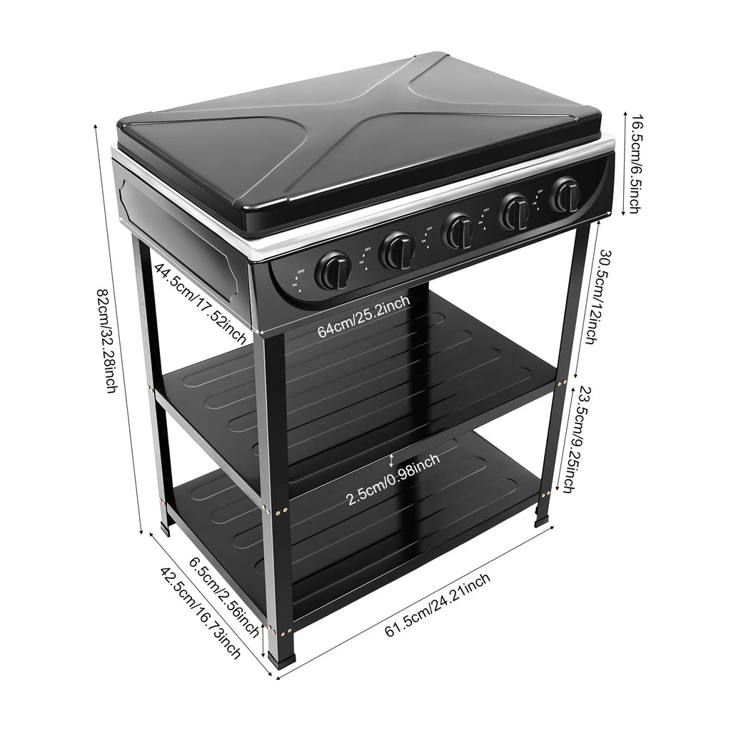 5-Burner Gas Stove 
Outdoor Camping Cooking BBQ Grill With 2-Tier Storage Rack