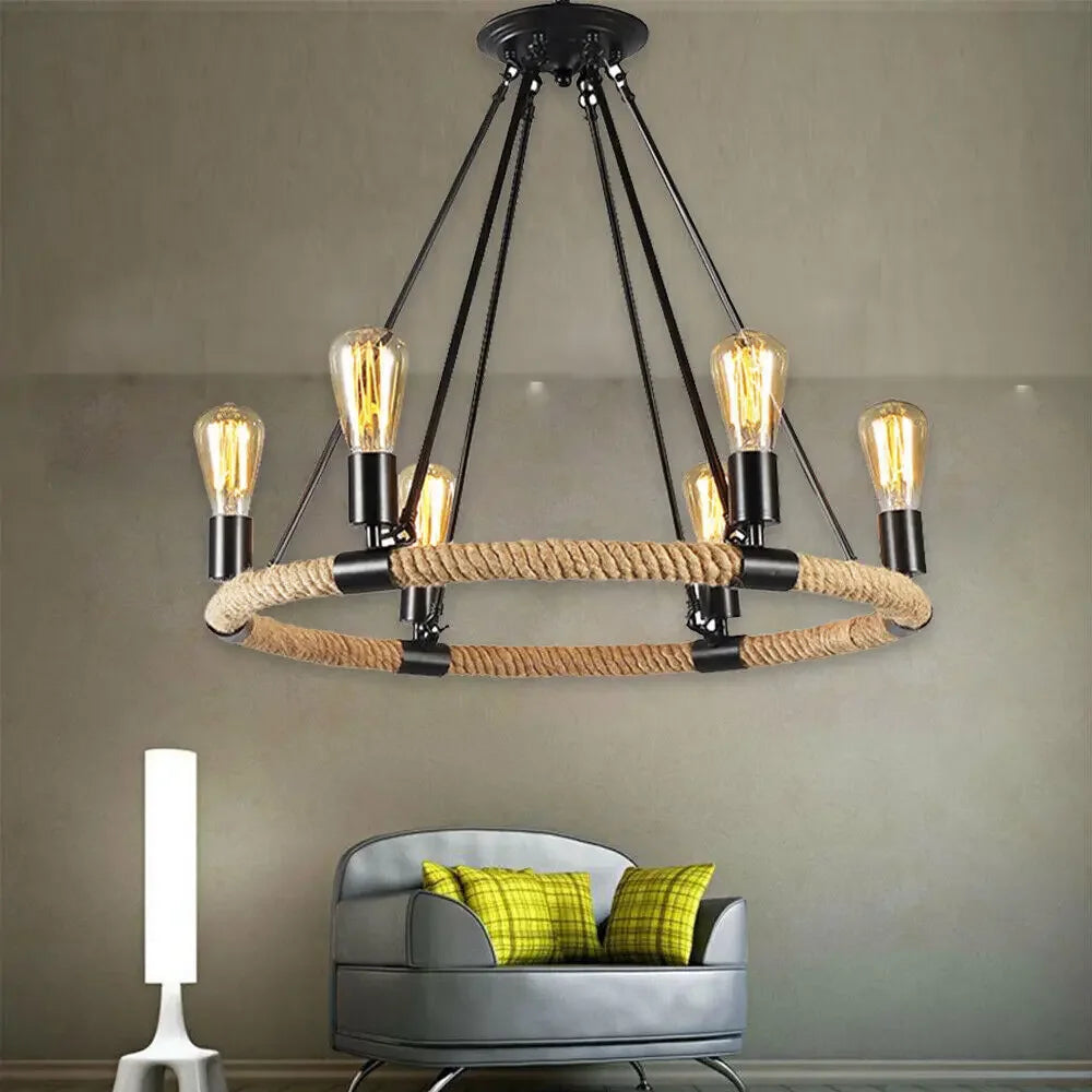 Rustic Industrial Hemp Rope Chandelier – Round Pendant Ceiling Light for Farmhouse Style
