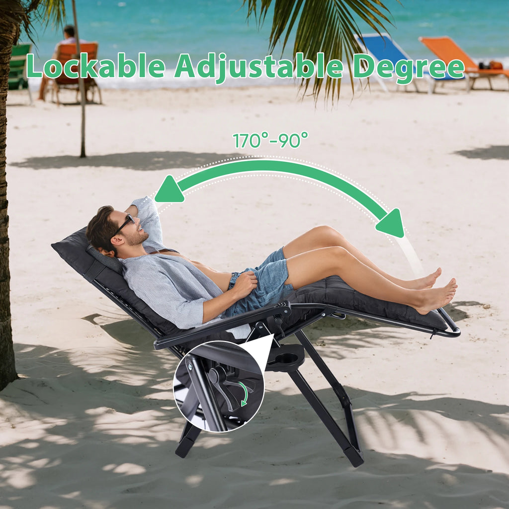 Zero Gravity Set of 2 Portable Recliners
Camping ,Patio , Outdoor Garden Lounge Chair with Cup Holder ,Trays & Adjustable Pillow