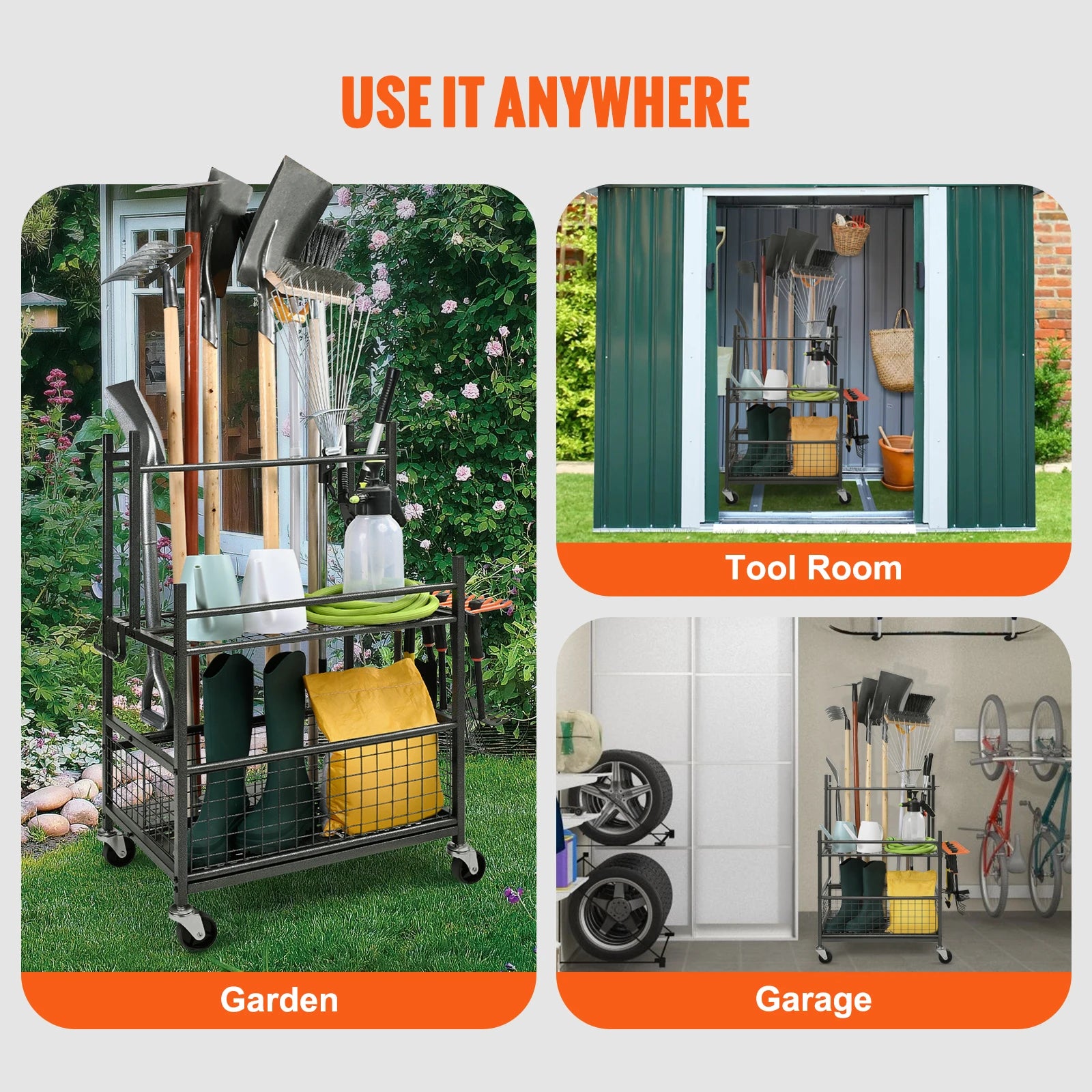 SucceBuy 16 Slots Garden Tool Organizer Yard Tool 
Tower Rack with Hooks Wheels 
Long-Handled Rake Stand Holder for Garage Storage