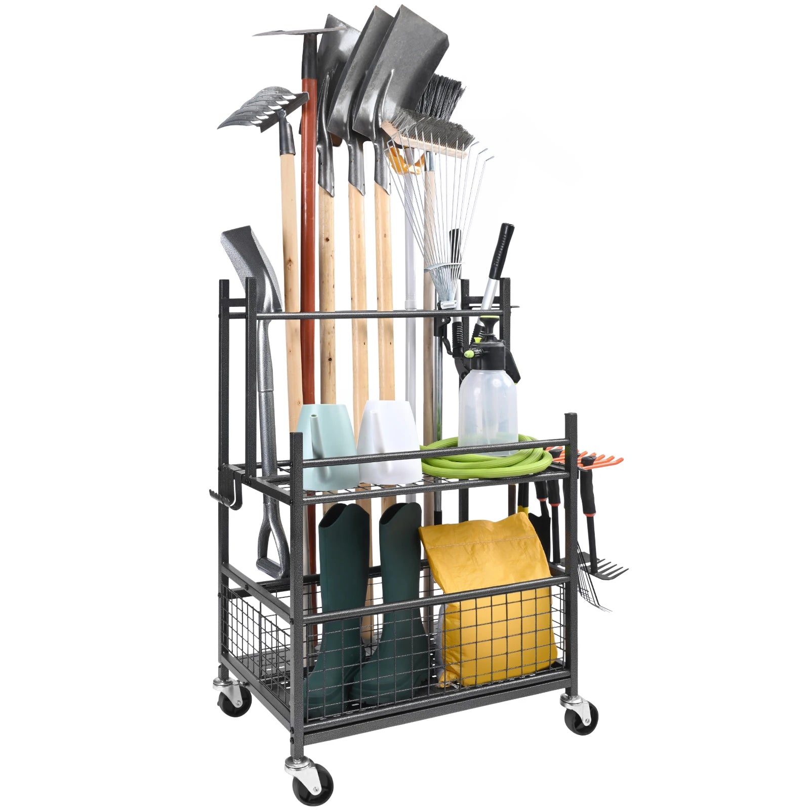 SucceBuy 16 Slots Garden Tool Organizer Yard Tool 
Tower Rack with Hooks Wheels 
Long-Handled Rake Stand Holder for Garage Storage