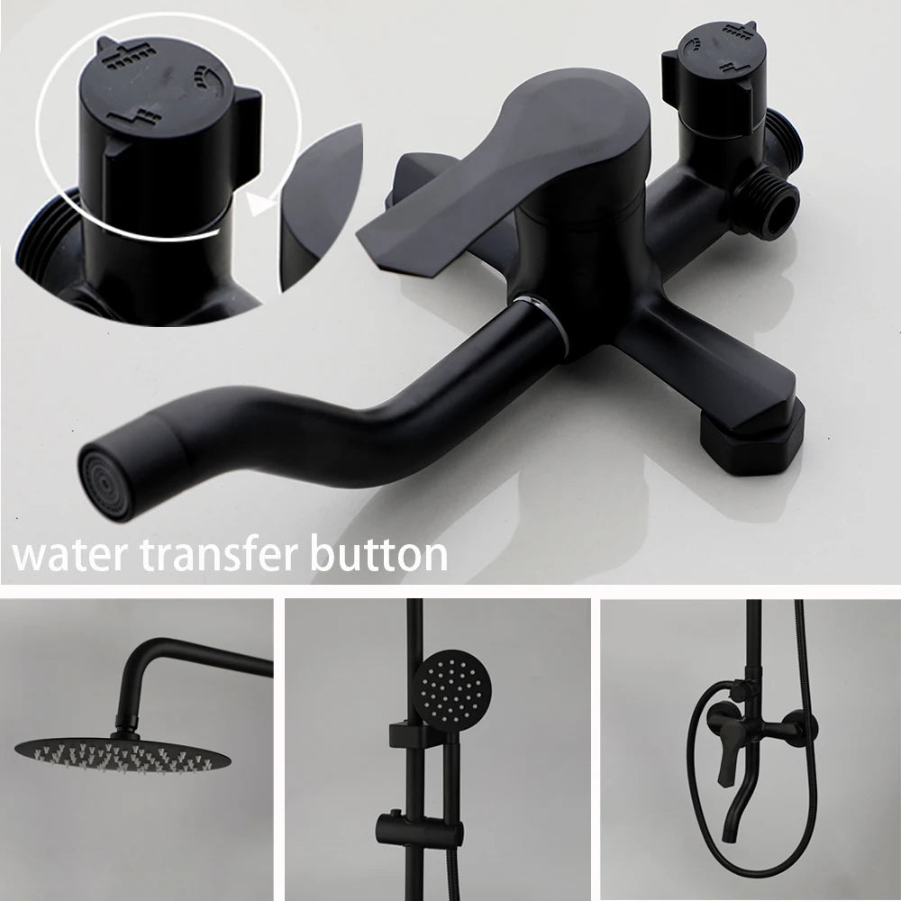 ZAPPO Matte Black Bathroom Shower Set 8 inch Rainfall , Wall Mounted 3-4 Function System & ABS Shelf