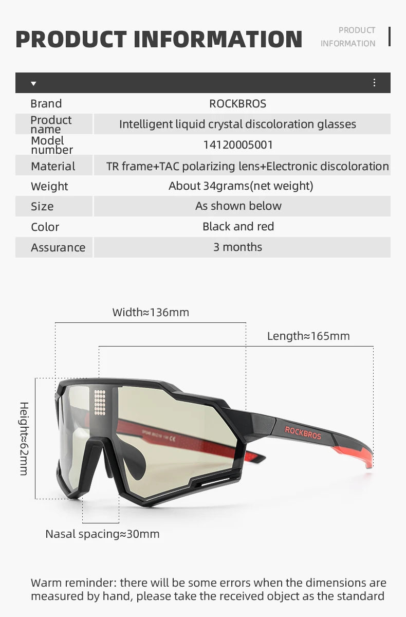 ROCKBROS Smart LCD Photochromic Glasses Cycling Polarized Glasses UV400 Electronic Rapid Color Change Sports Bicycle Goggles