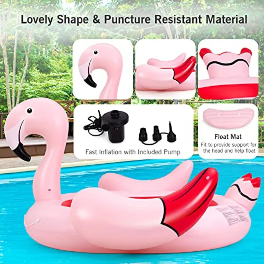 Giant Flamingo Pool Float,,  for 4-6 People . 
Inflatable Raft with Air Pump and 6 Cup Holders 
Pink Floating Island Toy for Adults