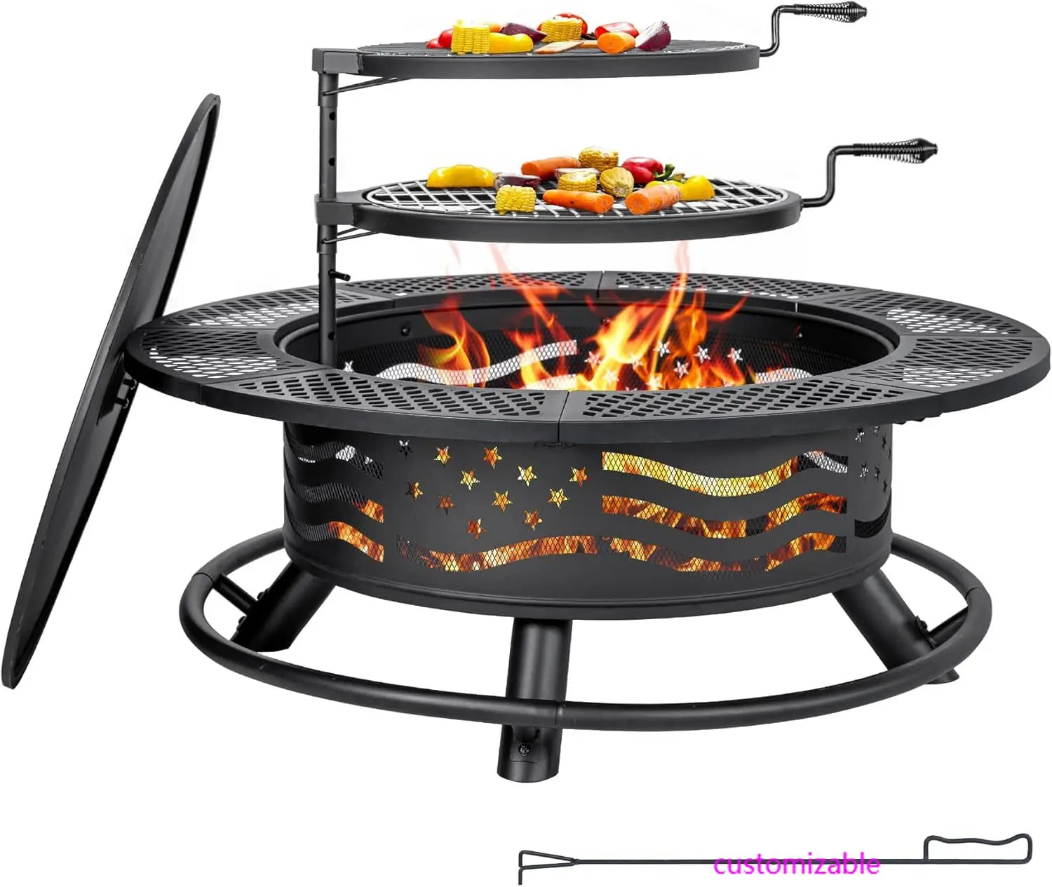 42 Inch Fire Pit with 2 Cooking Grate, Outdoor Wood Burning BBQ Grill Firepit Bowl with Cover Lid, Steel Round Table