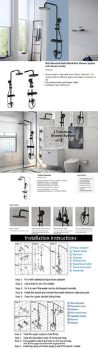 ZAPPO Matte Black Bathroom Shower Set 8 inch Rainfall , Wall Mounted 3-4 Function System & ABS Shelf