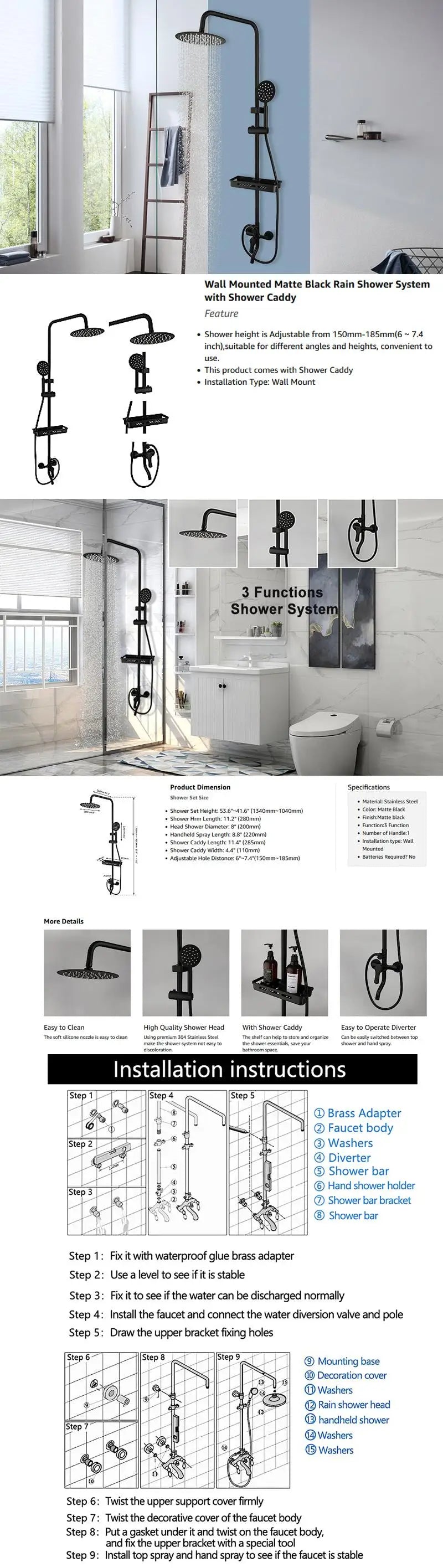 ZAPPO Matte Black Bathroom Shower Set 8 inch Rainfall , Wall Mounted 3-4 Function System & ABS Shelf