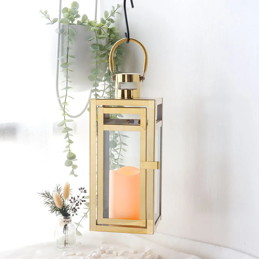 Stainless Steel Candle Holder Lantern
Gold Hanging  Metal Candlestick Light 
for Indoor -  Outdoor ,  Weddings, Parties, Home Decor
