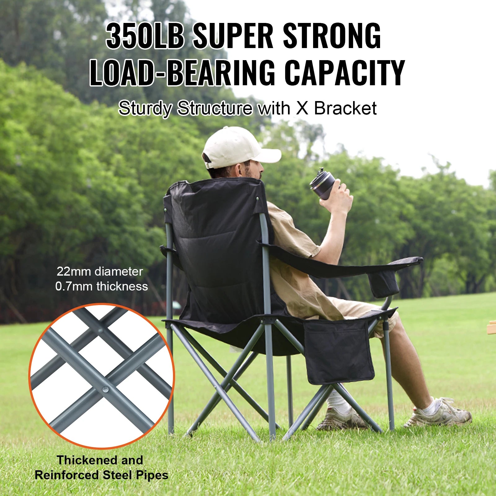 SucceBuy Camping Folding Chair for Adults  
Portable Quad Lumbar Back , Padded Arm  with Side Pockets for Beach, Lawn, Picnic