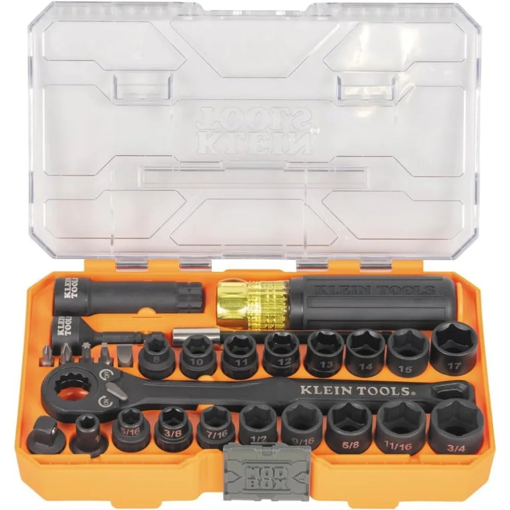 Klein Tools 65400KNECT KNECT Essential Pass Through Impact Socket Set, SAE and Metric, 90-Toot 3/8-Inch Drive, 28-Piece
